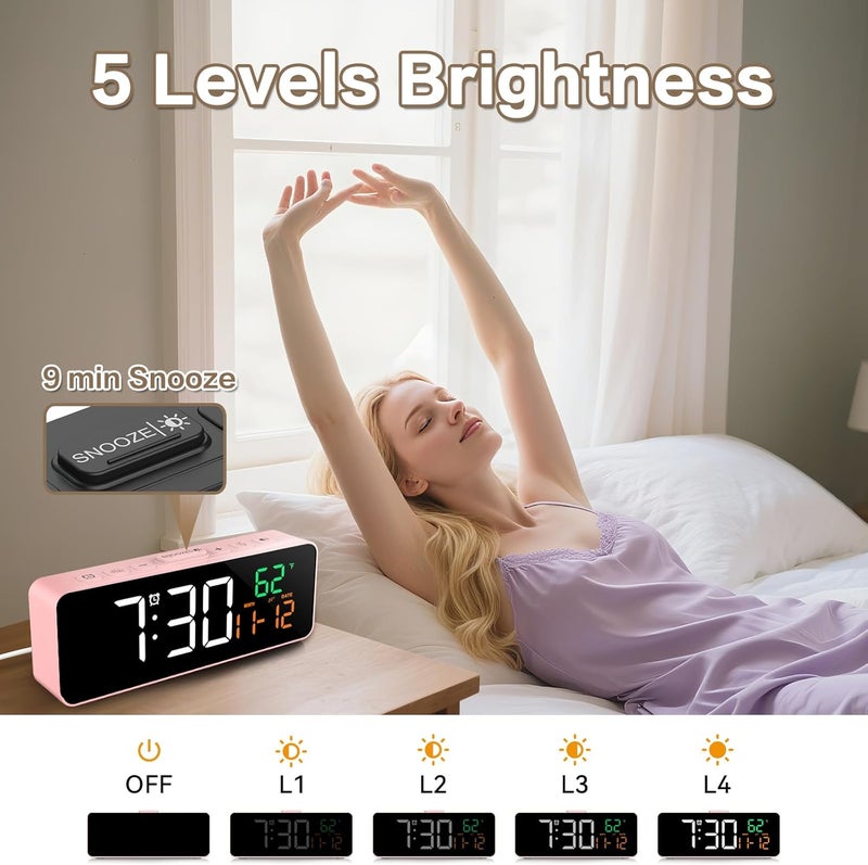 Netzu 3-in-1 Digital Clocks for Living Room with Temperature, Date & Time Display - 4 Levels Birghtness, 3 Volumes, Small & Compact Plug-in Alarm Clock for Bedroom Pink - Image 5
